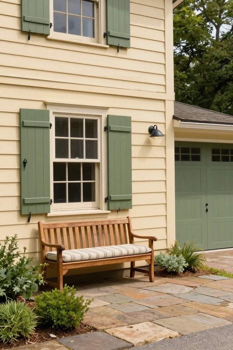 Side view of a two-story house with pale yellow clapboard siding, green shutters on double-hung windows, green garage door, wooden bench on flagstone path, and low shrubs in front.
