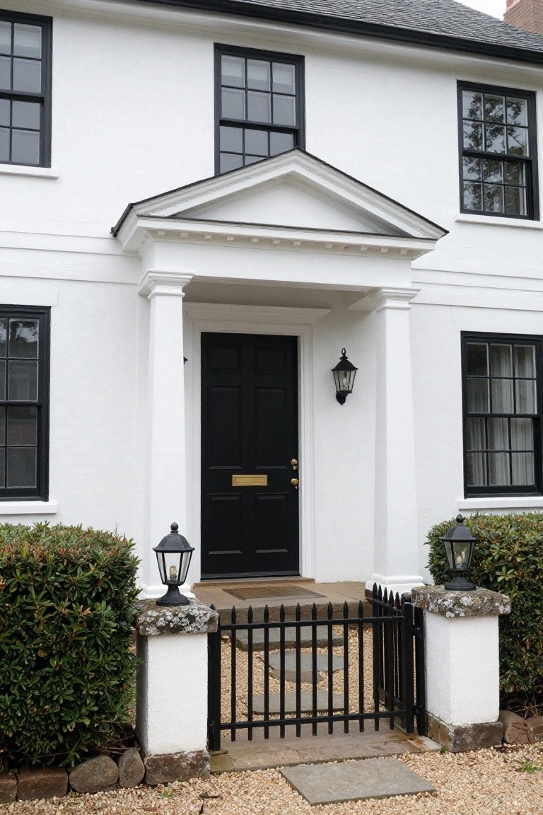 White colonial house with black-framed windows, black front door, white columns supporting a pediment, black lanterns, and a small black wrought iron gate flanked by stone piers and shrubs on gravel.