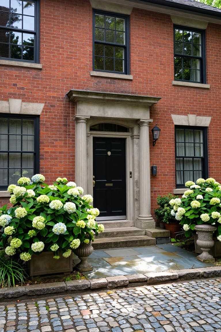 Red brick two-story colonial house exterior featuring a stone pediment and columns framing a black front door, black-framed windows, large potted white hydrangeas flanking the entry steps, and a cobblestone street.