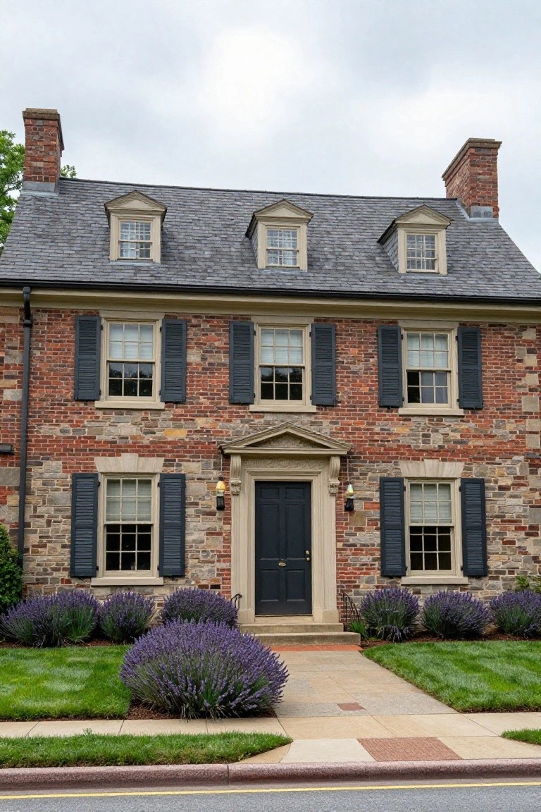 A two-story brick colonial house with stone accents at the base and entry, dark shutters on multipane windows, slate roof with dormers, flanked by lavender shrubs and a front walkway.
