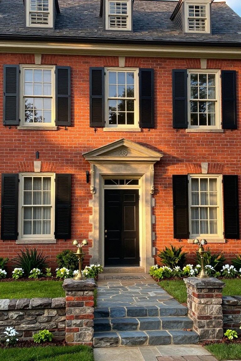Red brick colonial house facade with gabled roof, black shutters on white multi-pane windows, centered black front door under light stone pediment and columns, brass lanterns on stone pedestals, slate steps, and low green landscaping with white flowers.