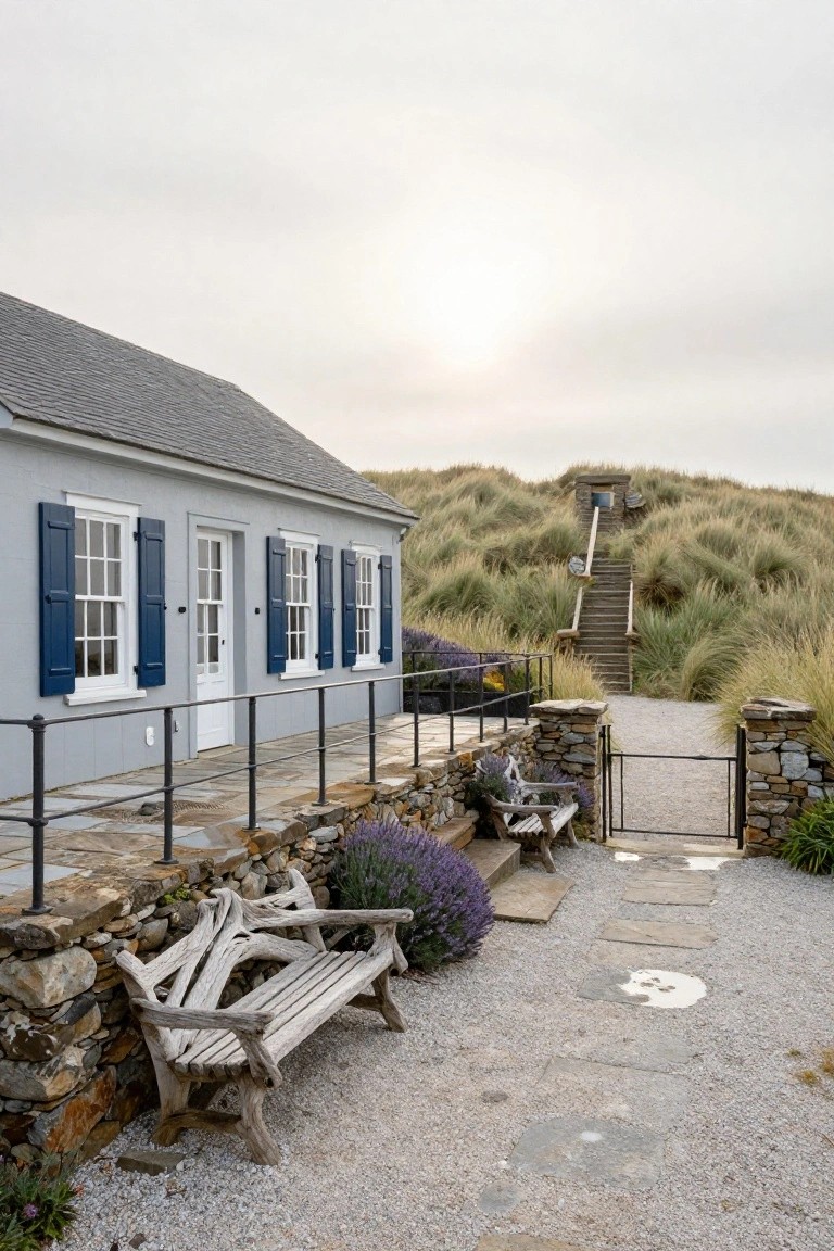 Gray clapboard house with blue shutters and white door on a dune, surrounded by low stone retaining walls, lavender plants, driftwood bench, gravel path with stone steps, black metal gate, and wooden stairs ascending through grass-covered dunes.
