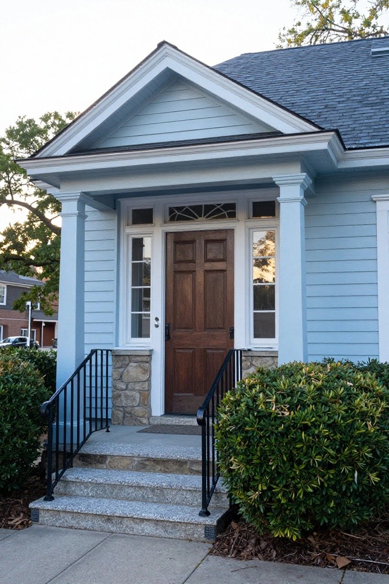 Light blue clapboard colonial house exterior featuring a gabled porch with white columns, dark wood door, stone foundation, black metal railings on granite steps, and boxwood shrubs.