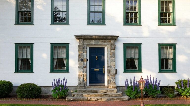 White two-story colonial house with black roof, green shutters on multipane windows, navy blue front door flanked by copper lanterns, irregular stone steps leading to entry, boxwood shrubs, lavender plants, and brick walkway.