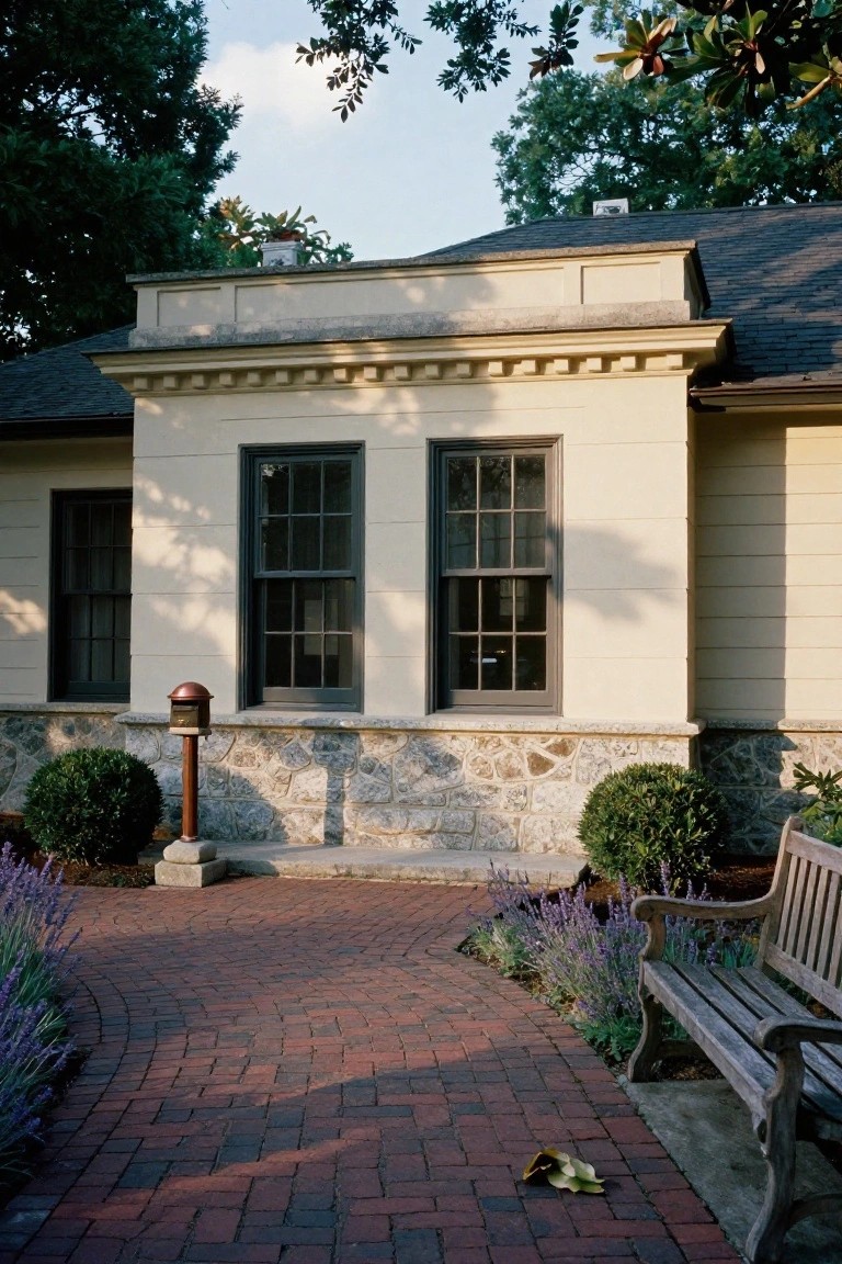 Colonial house exterior with beige clapboard siding over a fieldstone base, flanked by dark-framed double-hung windows, a copper post box on a stone pedestal, brick pathway edged with lavender plants, boxwoods, and a wooden bench.