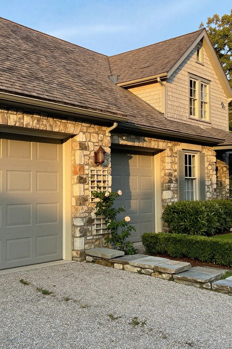 Colonial house exterior with double gray garage doors framed by natural stone walls, shingle siding and roof above, climbing roses on a trellis beside the doors, boxwood shrubs, and gravel driveway.