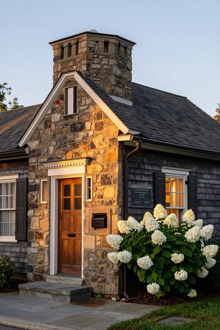 Small colonial house exterior featuring fieldstone accents on the walls and tower, wooden entry door, cedar shingle siding, white hydrangea bush, and stone steps at dusk.