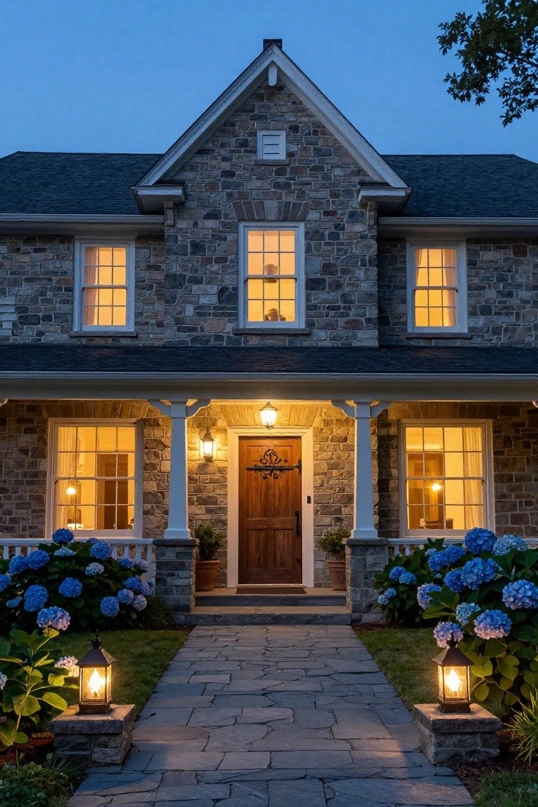 Stone colonial house exterior at dusk with gabled roof, front porch, wooden door with iron hardware, lit lanterns on stone path, hydrangea bushes, and glowing windows.