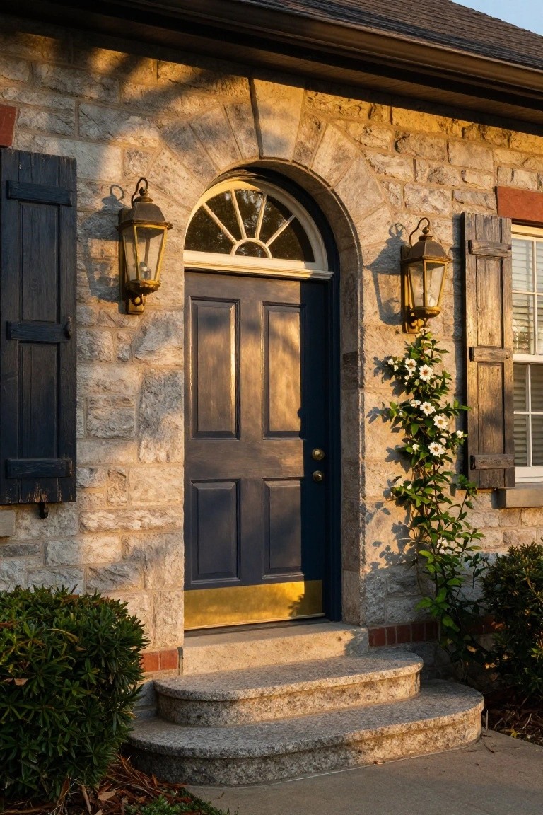 Colonial house entrance with navy blue paneled door in a light stone archway topped by a fanlight window, flanked by black shutters and hanging lanterns, granite steps, and low shrubs.