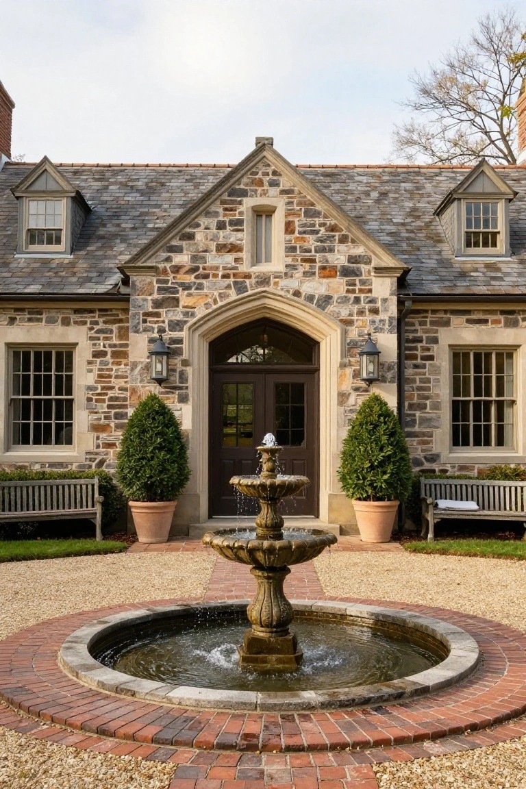 Colonial-style house exterior with mixed gray and tan fieldstone walls, pointed arch stone entryway with dark wood double doors and lanterns, slate gable roof with dormers, central fountain in brick-edged gravel circle, boxwood topiaries, and wooden benches.