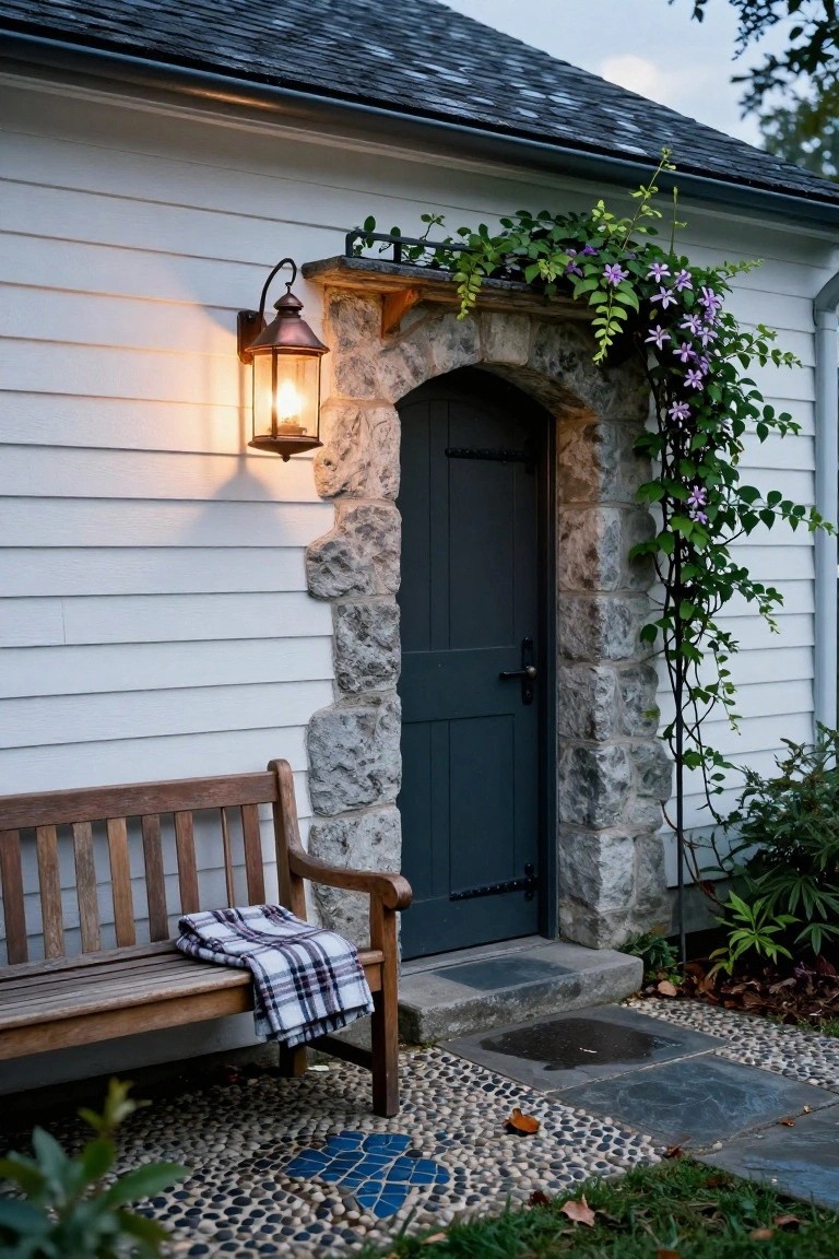 White clapboard house exterior with dark wooden arched door framed in rough stone, copper lantern light, climbing purple flowers and green vines, wooden bench with plaid blanket on plaid path with pebbles and blue mosaic tiles.