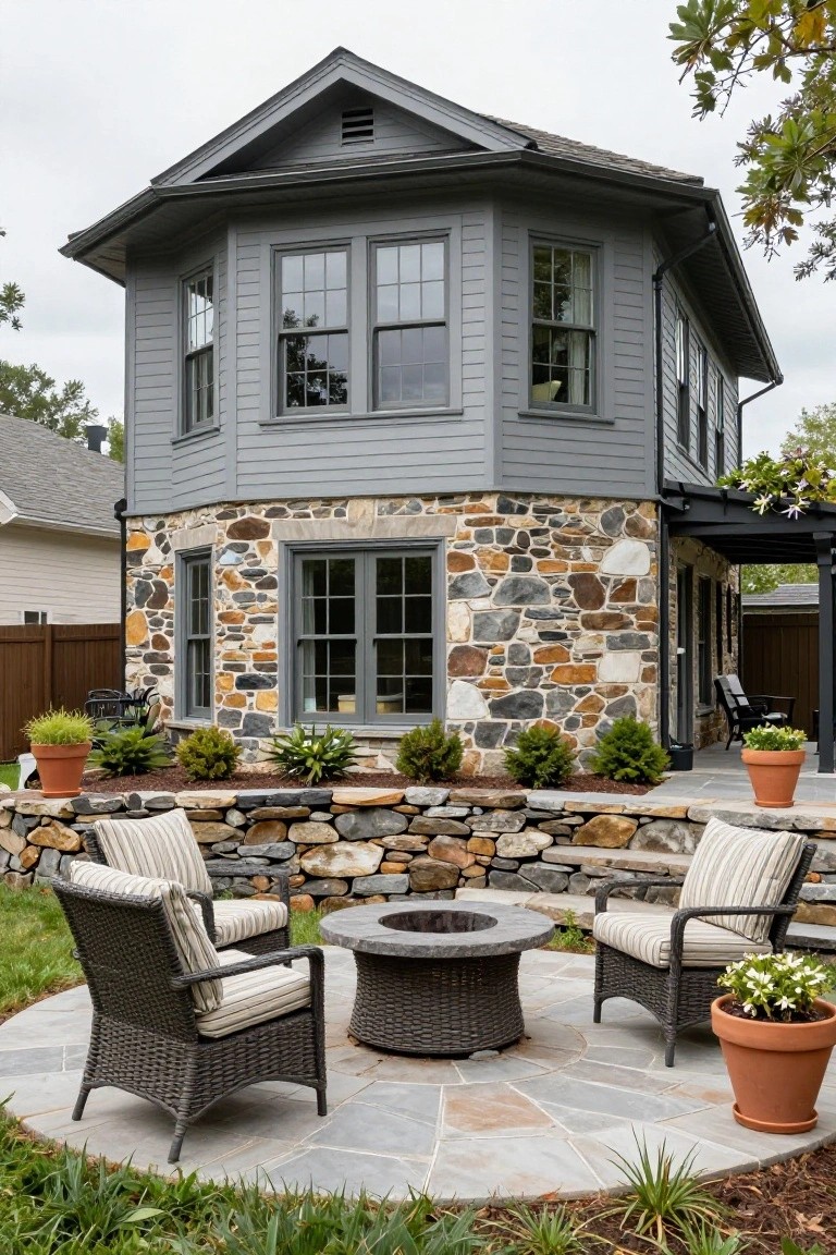 Gray clapboard house with octagonal upper section on a multicolored stone base, adjacent stone retaining wall patio featuring wicker chairs, round stone fire pit, and potted plants.