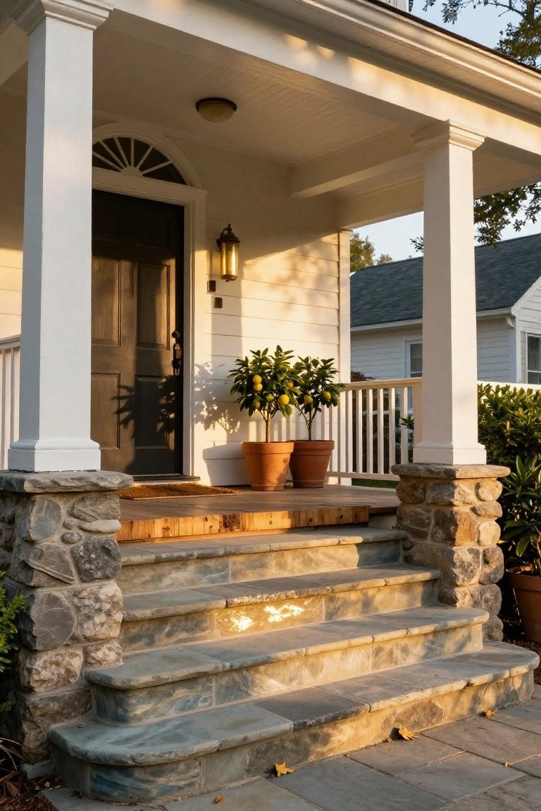 White colonial house porch with tall columns on stone bases, slate steps flanked by stone walls, two potted lemon trees, dark front door, and white railing in evening light.