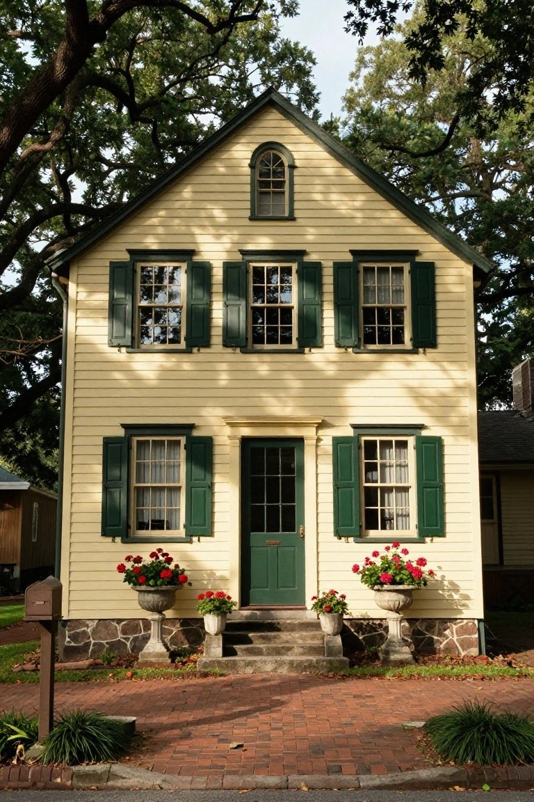 A two-story yellow colonial house with green shutters, a stone foundation, potted red geraniums flanking the green front door, brick walkway, and surrounding oak trees.