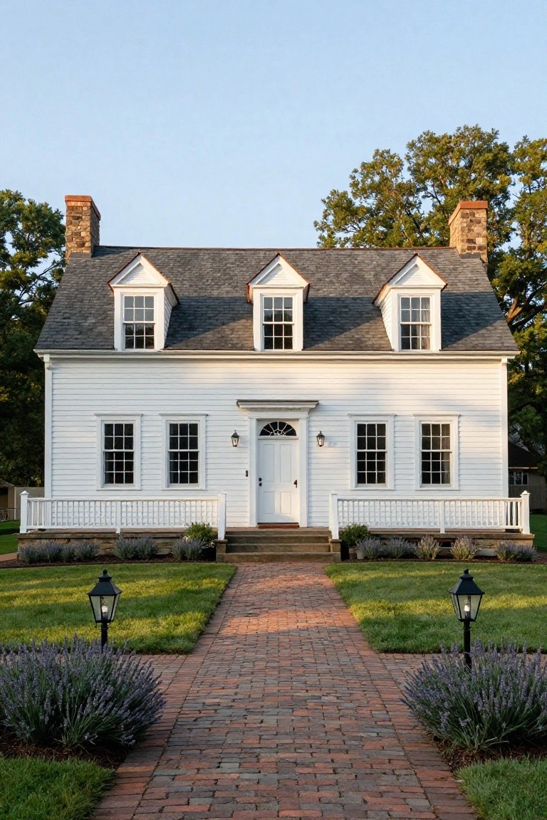 White clapboard colonial house with dormer windows, stone chimneys, slate roof, central front door flanked by lanterns, brick pathway, lavender shrubs, and lawn bordered by trees.