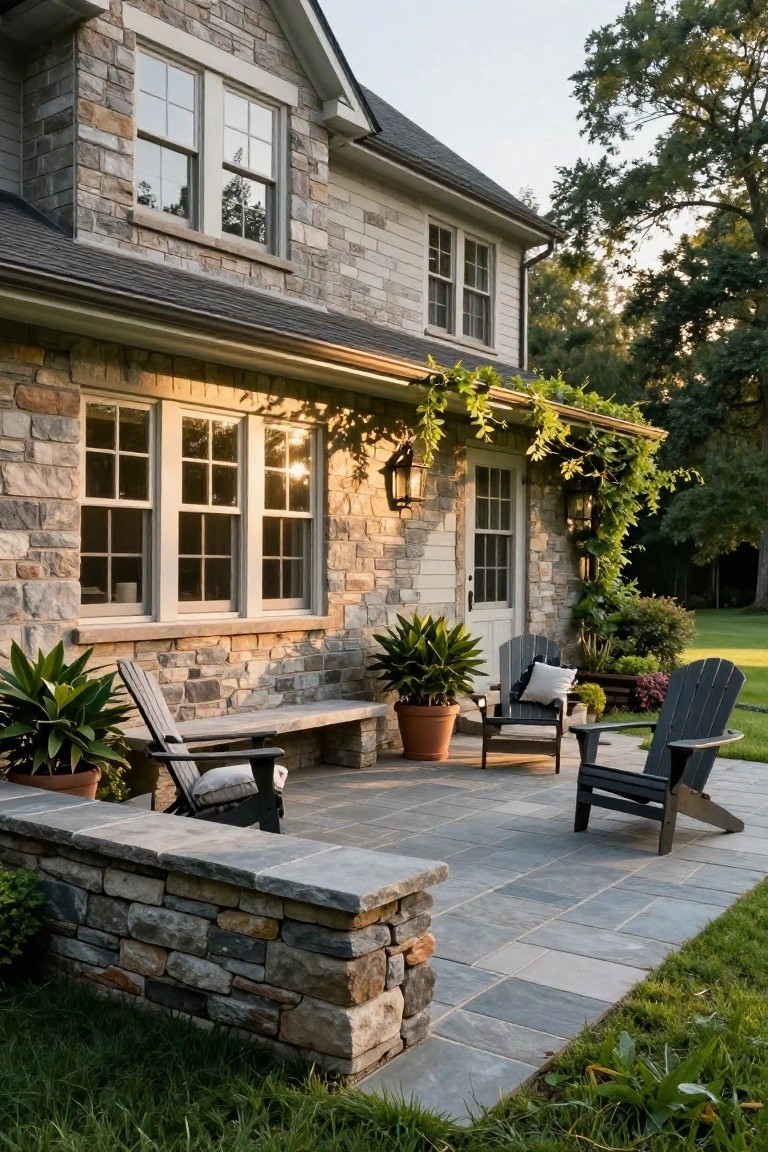 Gray stone house wall with windows and French door next to a bluestone tile patio featuring two Adirondack chairs, potted plants, a stone retaining wall topped with a bench, and surrounding greenery.