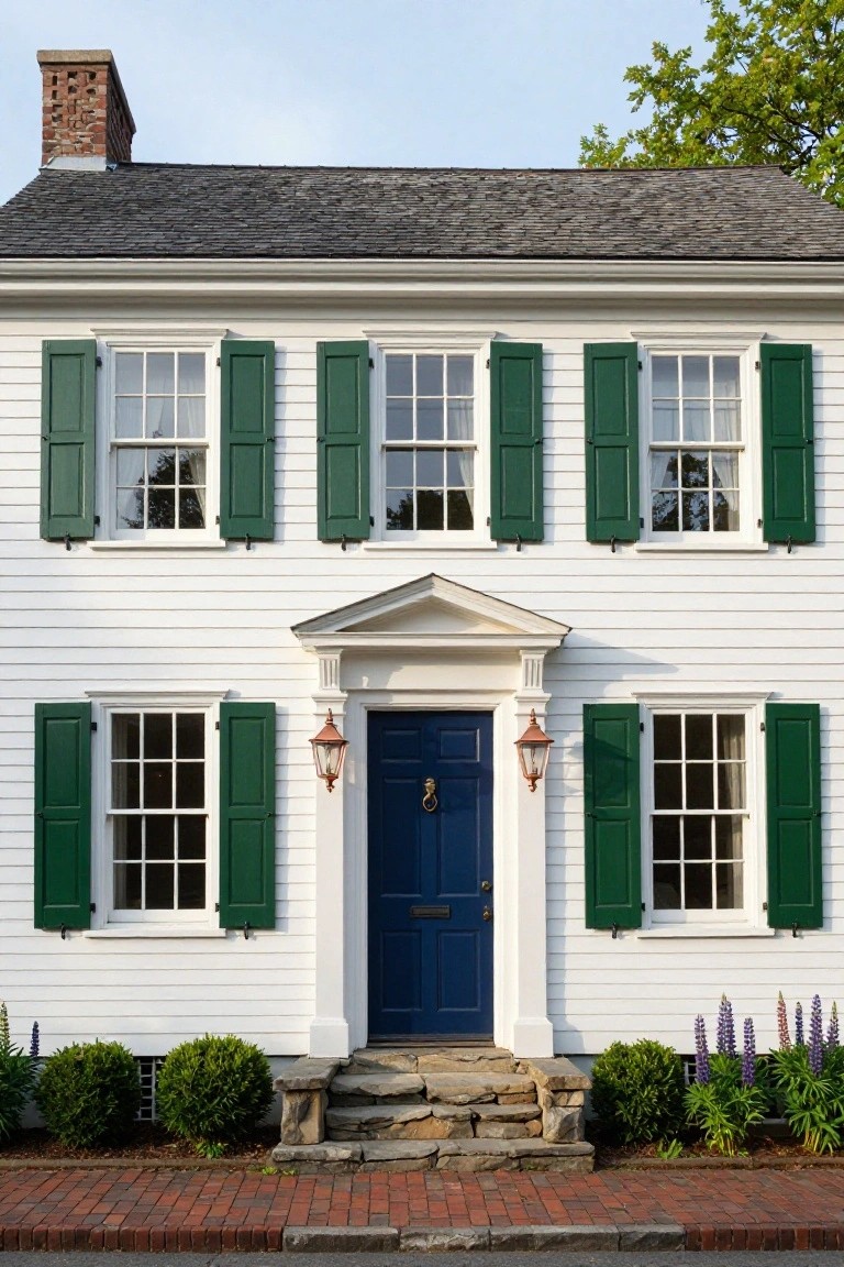 White two-story colonial house with black roof, green shutters on multipane windows, navy blue front door flanked by copper lanterns, irregular stone steps leading to entry, boxwood shrubs, lavender plants, and brick walkway.
