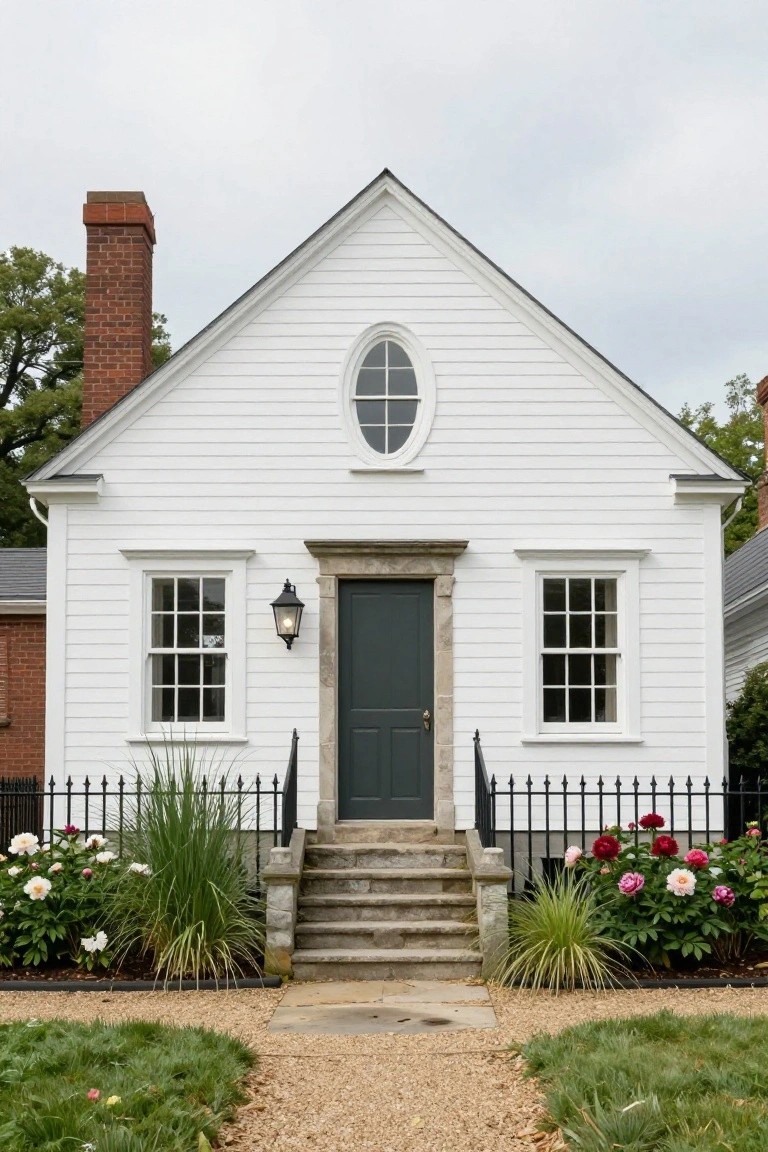 White clapboard house with gabled roof, central oval window, green front door in stone surround with steps and iron railing, flanked by multipaned windows, peony bushes, ornamental grasses, and gravel path in front yard.