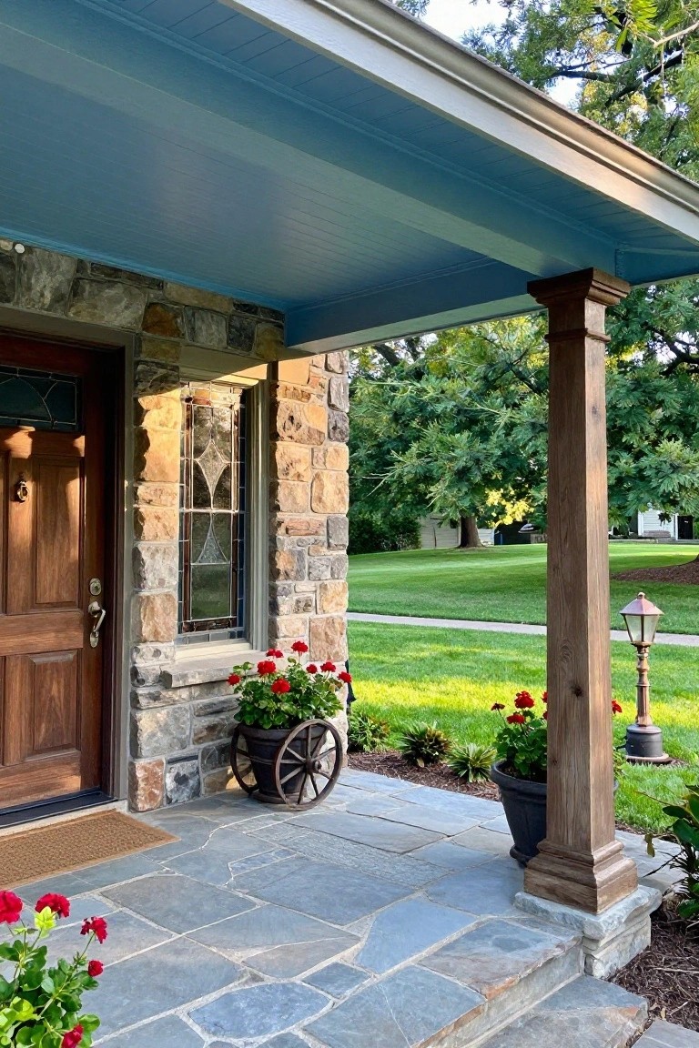 Front porch of a stone house with irregular gray stone walls, wooden entry door, stained glass sidelight window, blue painted ceiling, wooden column with lantern, potted red geraniums, wagon wheel planter, bluestone steps, and welcome mat.