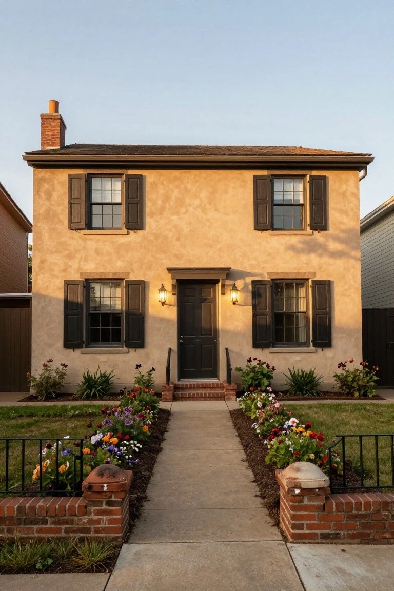 Beige stucco two-story colonial house with dark shutters on windows, black front door flanked by lanterns, brick entry pillars, and colorful flower beds lining a concrete walkway.