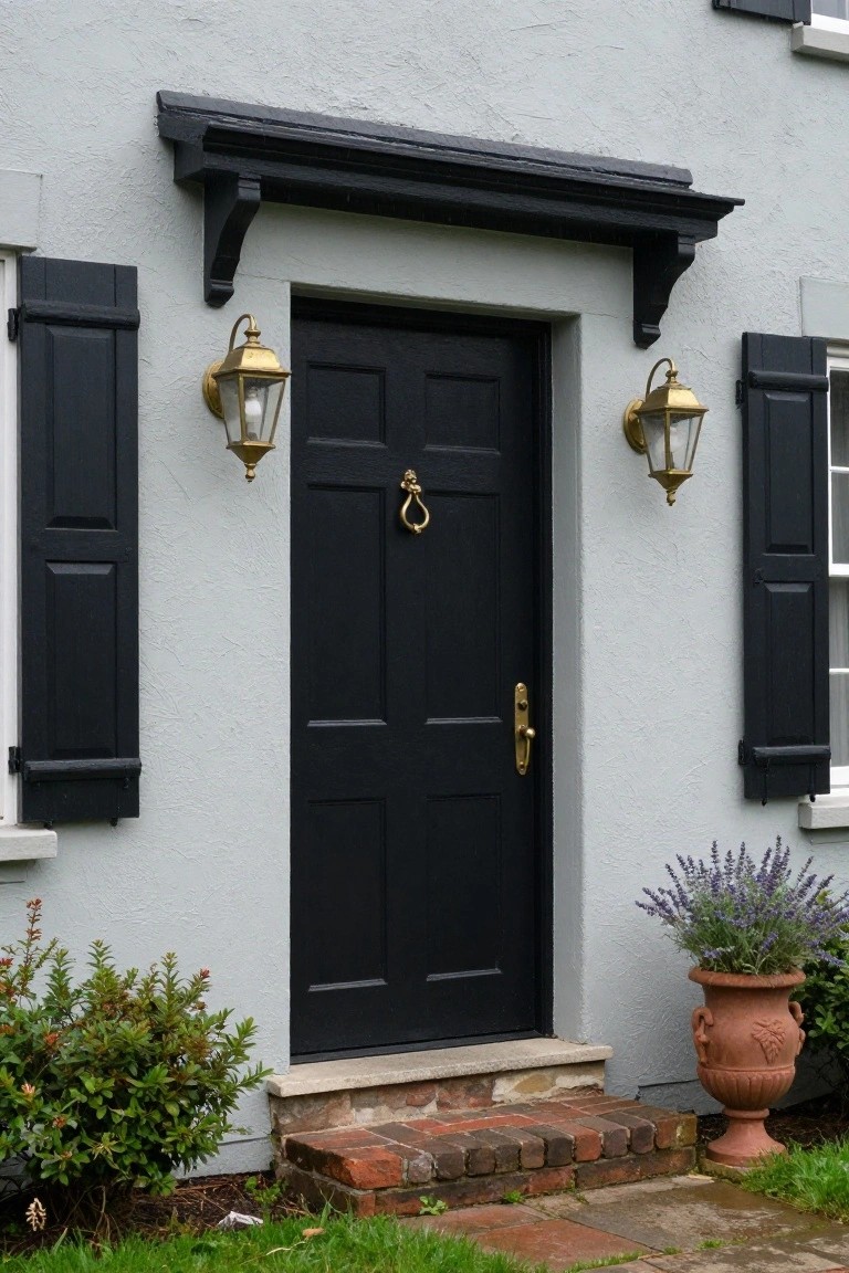 Gray stucco wall of a colonial house with black front door, brass knocker and handle, black shutters on windows, brass lanterns, brick steps, shrubs, and potted lavender plant.