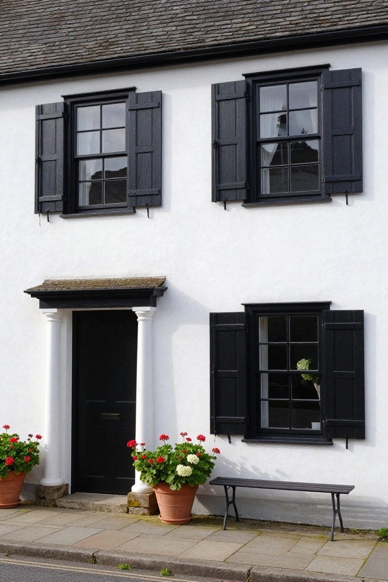 White stucco two-story house with black shutters on multipane windows, black front door under a small porch with white columns, red geraniums in terracotta pots flanking the entrance, and a black metal bench on a paved walkway.