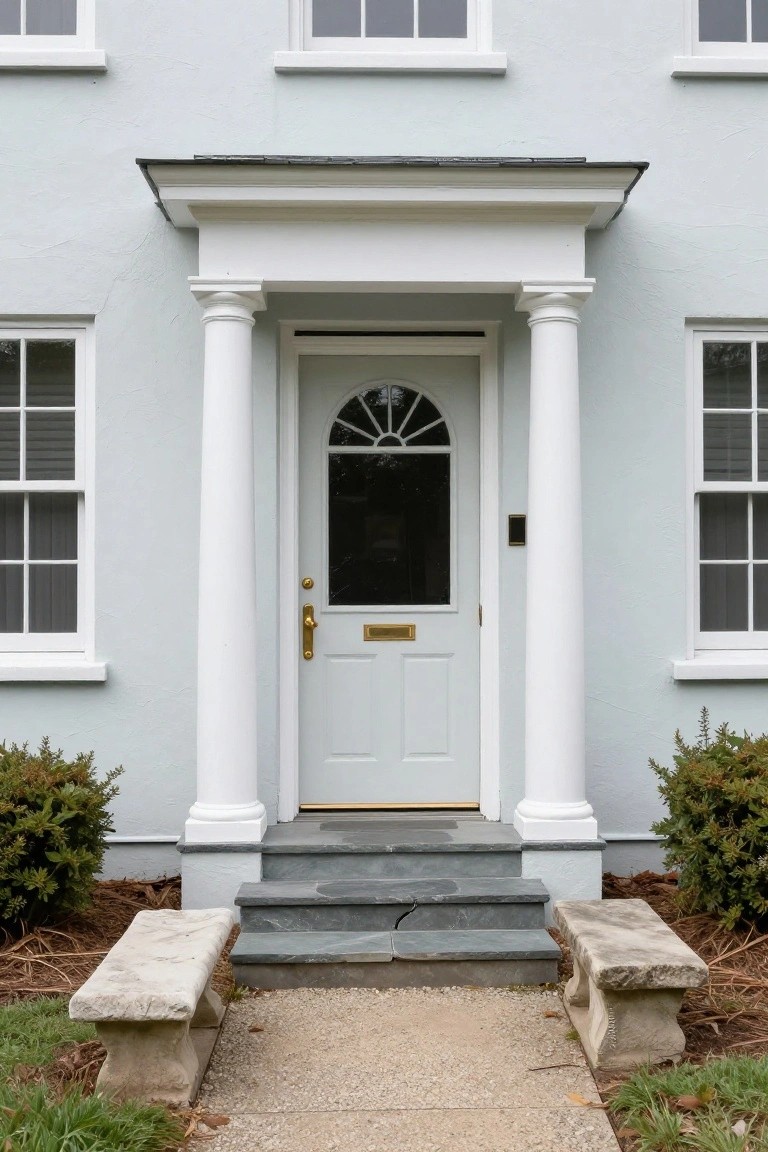 Light blue stucco colonial house exterior with white columned portico over a white paneled door featuring a fan window, flanked by multi-pane windows, stone steps, and low shrubs.