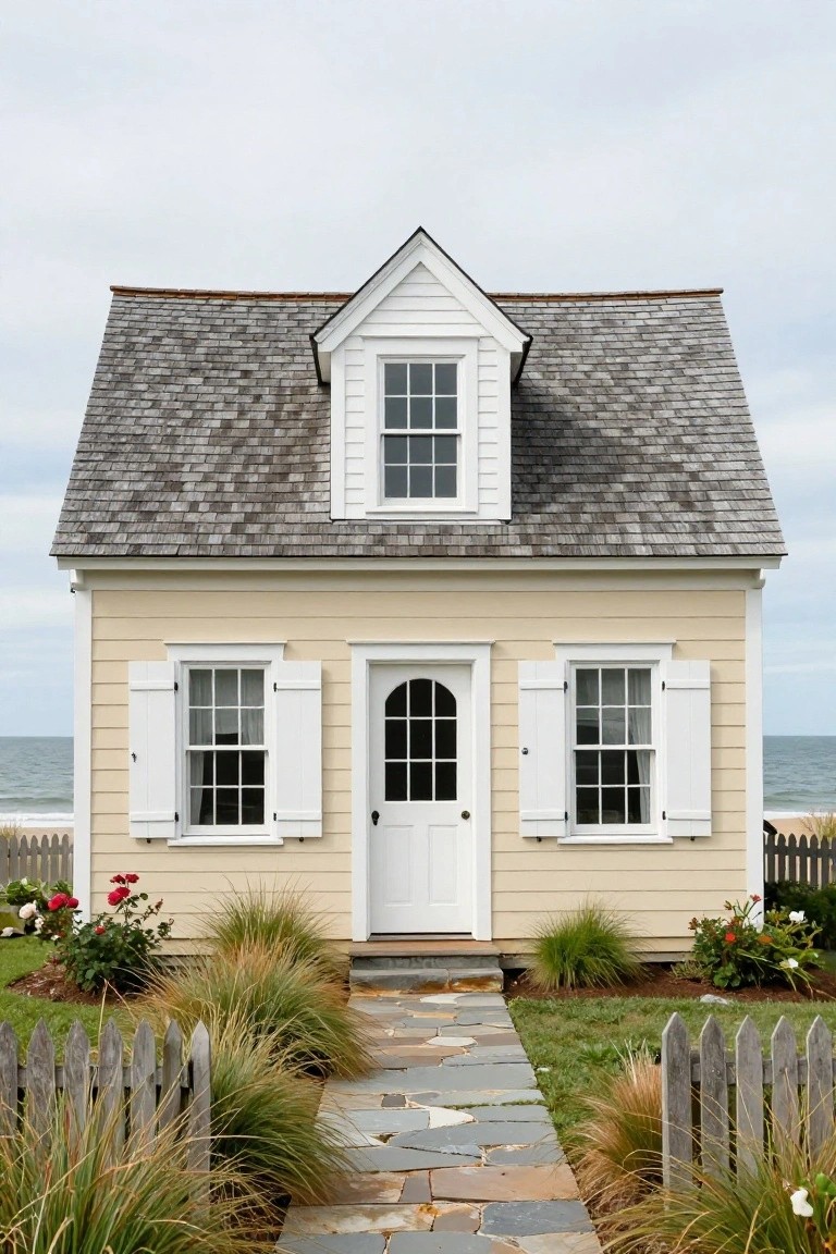 A small two-story pale yellow clapboard house with white shutters, trim, and door, shingled roof, dormer window, flanked by ornamental grasses and roses, stone pathway leading to the entrance, white picket fence, and ocean in the background.