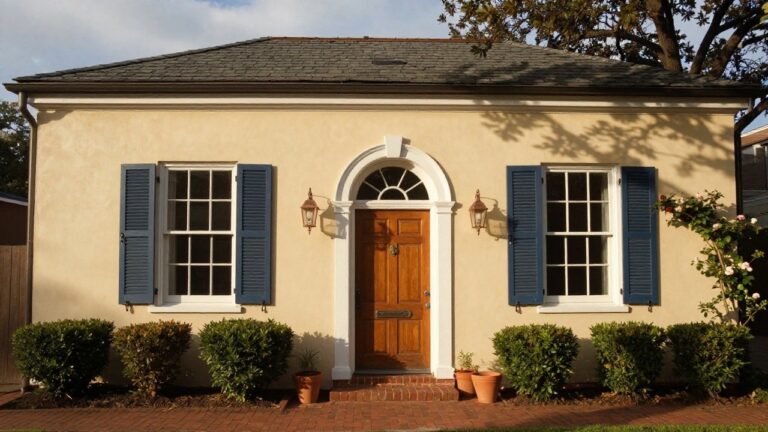 A two-story colonial-style house with pale beige stucco walls, dark blue shutters on multi-pane windows, a wooden arched front door flanked by columns, brick steps with terracotta planters, and boxwood shrubs along a brick sidewalk.