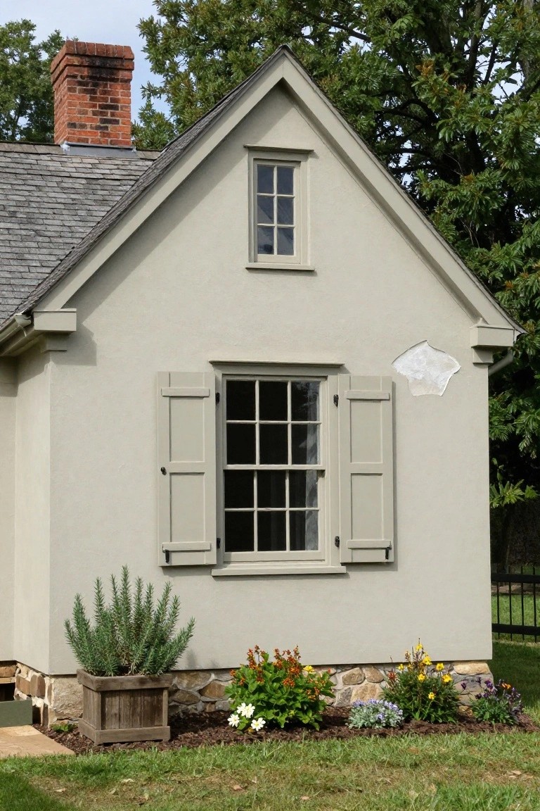 Small colonial-style house with light beige stucco walls, gable roof, brick chimney, double-hung window with green shutters, wooden planter of rosemary, and mixed flowers against a stone foundation base.