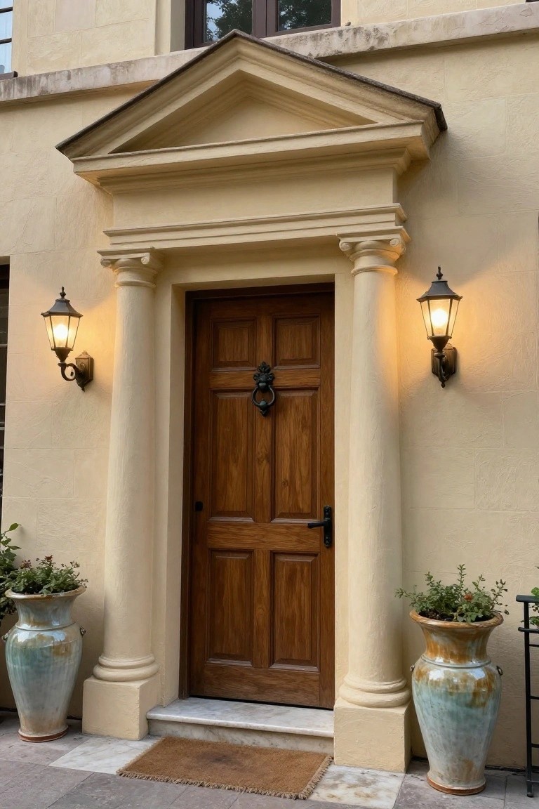 Beige stucco house facade featuring a central wooden paneled door under a pediment supported by two fluted columns, with wall-mounted lanterns on each side and large ceramic pots containing plants flanking the stone steps.