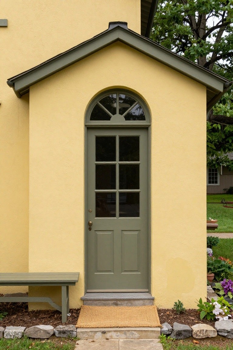 Yellow stucco wall of a house with a sage green paneled door featuring glass inserts, an arched window above, a wooden bench beside it, a woven mat on the step, and rocks and plants in the foreground.