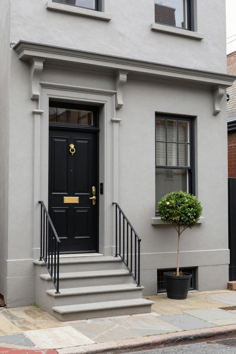 Gray stucco townhouse facade with black front door featuring gold knocker and letterbox, black metal railing on concrete steps, and potted boxwood tree at the base.