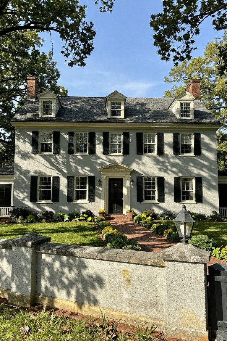 Two-story colonial house with light gray stucco exterior, black shutters on multi-pane windows, white trim, brick chimneys, central black front door, brick walkway, garden lantern, low plants, low wall, and oak trees casting shade.