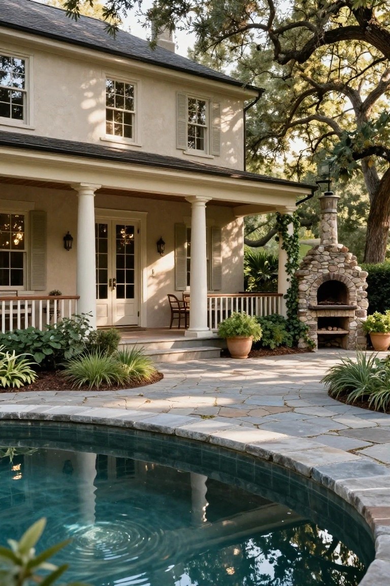 Beige stucco colonial-style house with white porch columns and railing, dark shingle roof, flanked by oak trees, stone outdoor fireplace, potted plants, flagstone patio, and curved swimming pool.