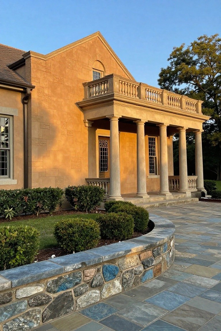 Tan stucco house exterior with block-like texture on walls, classical columns supporting a balcony and pedimented portico, boxwood shrubs along a curved stone wall, and slate paver pathway.