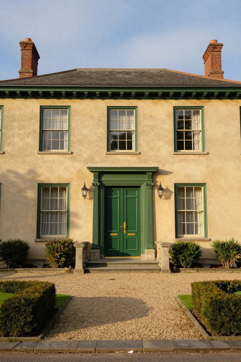 Front facade of a two-story house with pale stucco walls, green-framed windows, green double front doors with lanterns, brick chimneys, slate roof, gravel driveway, and low hedges.