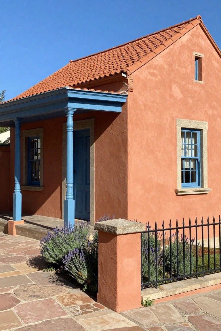 Small single-story house with terracotta stucco walls, red barrel tile roof, blue-trimmed wooden porch columns and door, blue window frames, lavender plants near black iron fence, and irregular stone paver walkway.