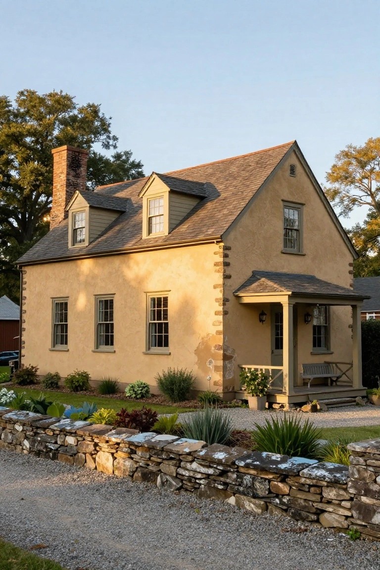 Two-story colonial house with beige textured stucco walls, stone corner quoins, gambrel roof with dormers, covered front porch with bench, plants along a stone wall, and gravel driveway.