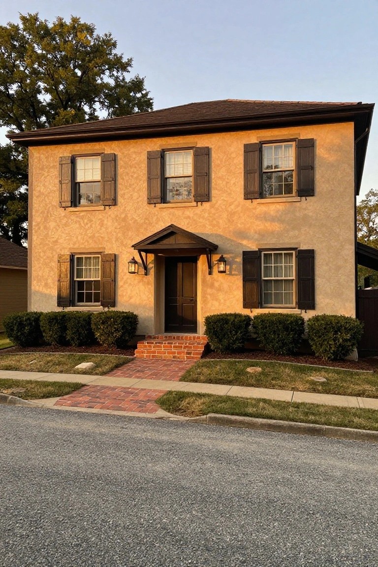 Two-story colonial house with textured beige stucco exterior, dark wooden shutters on multi-pane windows, dark front door under a small gabled porch with lanterns, brick steps, boxwood shrubs, and a tree-lined street.