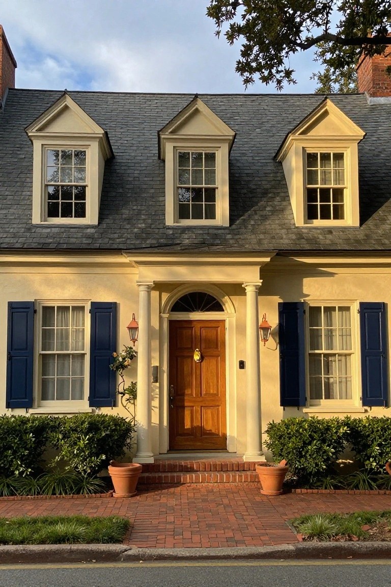 A two-story colonial-style house with pale beige stucco walls, dark blue shutters on multi-pane windows, a wooden arched front door flanked by columns, brick steps with terracotta planters, and boxwood shrubs along a brick sidewalk.