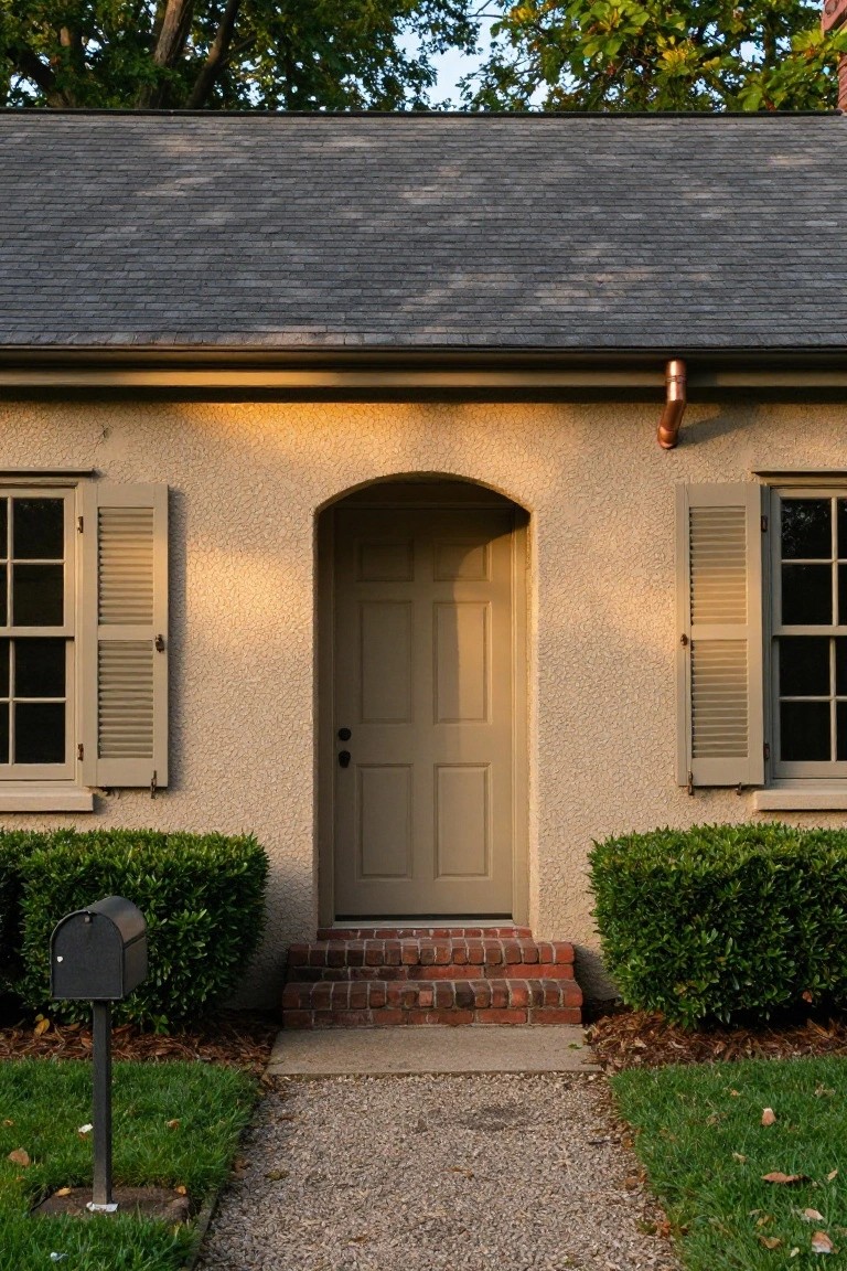 Front facade of a single-story beige stucco house with textured walls, arched tan front door, shuttered windows, copper downspout, brick entry steps, black mailbox, boxwood shrubs, gravel path, and grass lawn.