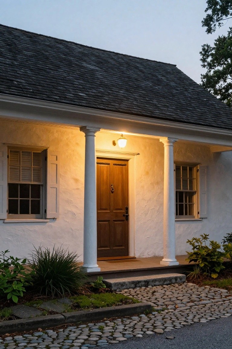 Colonial-style house exterior with white stucco walls, columned front porch, wooden door with knocker, lantern light, shuttered windows, shrubs, and pebbled path at dusk.