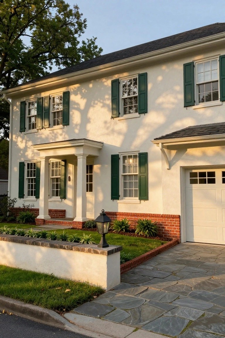 Two-story colonial house with white stucco walls, green shutters on multi-pane windows, covered front porch with columns, attached garage, brick base accents, low landscaping, and slate walkway.