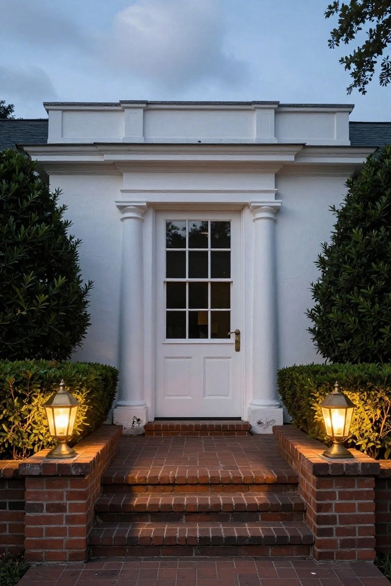 White stucco house facade with classical pediment, round column, nine-pane glass door, flanked by brass lanterns on brick pillars and steps, boxwood shrubs on sides, brick walkway.