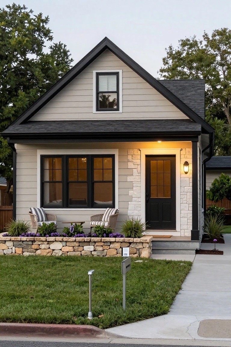 Front exterior of a one-and-a-half-story house with light gray siding, black window frames and front door, dark shingle roof, stone pillars at entry porch with chairs and plants, stone retaining wall, and grassy yard.