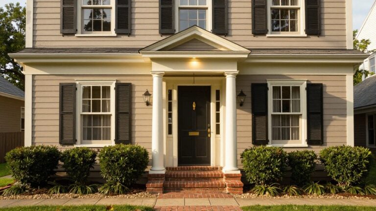 Two-story colonial house painted in light taupe with dark gray shutters, white trim, black front door under columned portico with lanterns, brick steps, boxwood shrubs, and gravel path to sidewalk.