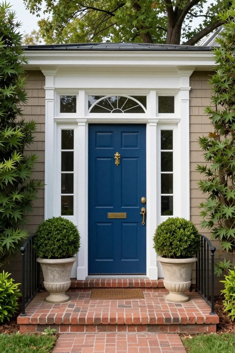 Taupe shingle siding house with white-trimmed portico, navy blue paneled front door with brass knocker and letter slot, flanked by boxwood topiaries in urns on brick steps leading to a brick path.
