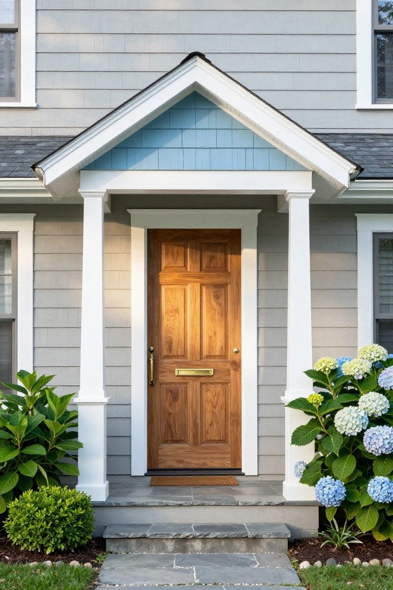Gray shingle siding house with white columned gabled porch, wooden paneled front door with brass knocker, flanked by green shrubs and blue hydrangeas, stone steps leading to entry.