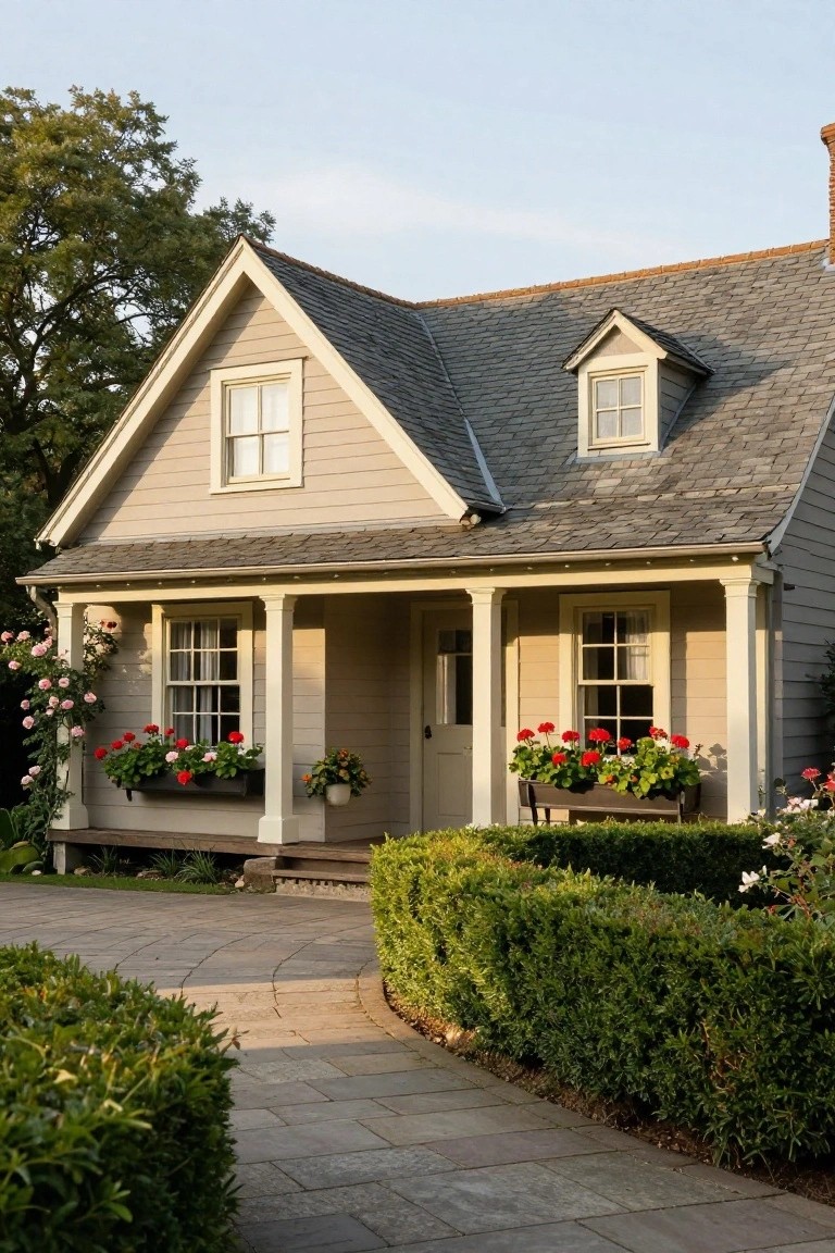 Taupe clapboard colonial house with white trim, slate roof, covered porch supported by columns, red geranium window boxes, pink climbing roses, boxwood hedges, and curved stone path.